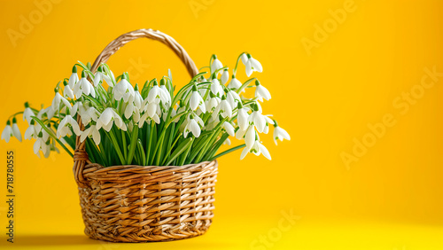 spring background basket of white flowers snowdrops on a yellow spring background © KEA