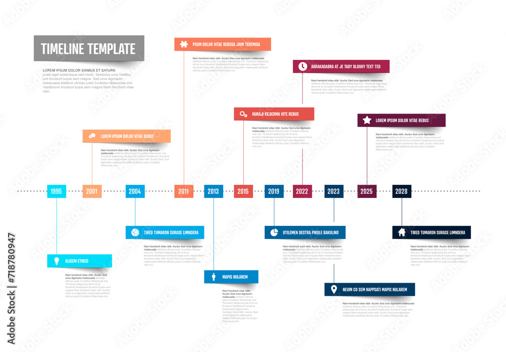Infographic blue and red timeline template with horizontal dotted time line and color content blocks with icons