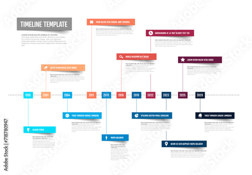 Obraz na płótnie Infographic blue and red timeline template with horizontal dotted time line and color content blocks with icons w salonie