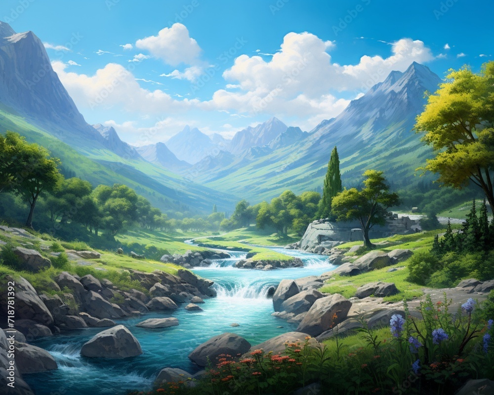 A river flowing through a lush valley, with trees lining the banks and the water reflecting the vibrant greenery of the surrounding landscape.