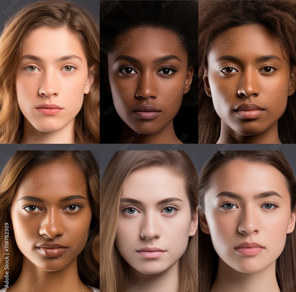 Inclusivity. A series of portraits representing variety and richness of human race. Women of different skin color. Beauty of diversity. Collage of phenotypes, ethnicities and facial features of women