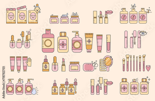 Skin care line icons set.Makeup illustration sign collection.Various different cosmetic products and simple instructions. Packaging in different shapes for skincare products. Editable Stroke. Vector 