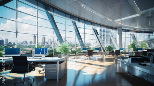 beautiful modern spacious office hall with panoramic view  interior  office  room  business  architecture  hall  airport  table  chair  empty  building  window  design  furniture  glass  conference