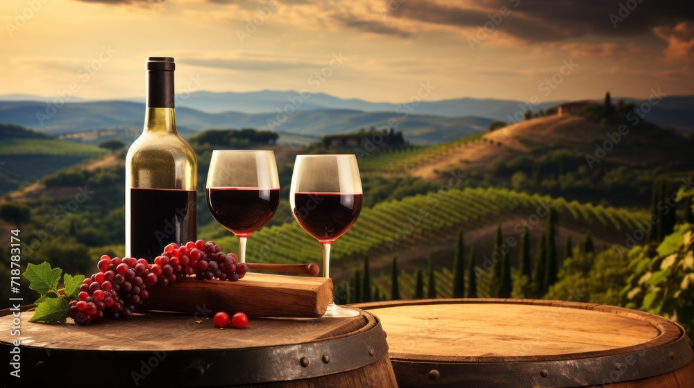 A composition of a bottle and two glasses of red wine, a bunch of grapes on a wooden barrel against the background of a vineyard at sunset. Alcoholic beverages, agricultural production concepts.