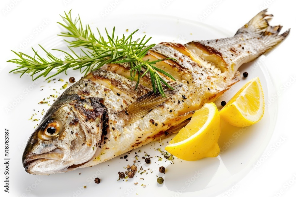 Grilled dorado fish with lemon on white background Grilled dorado fish with lemon on white background