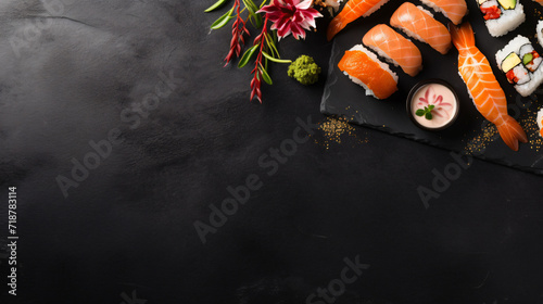 Sushi and sushi roll set on black stone table