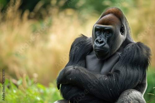 Portrait of sitting gorilla in wilderness.