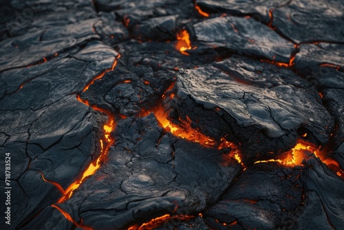 Scorched rock floor with molten rocks and lava cracks.