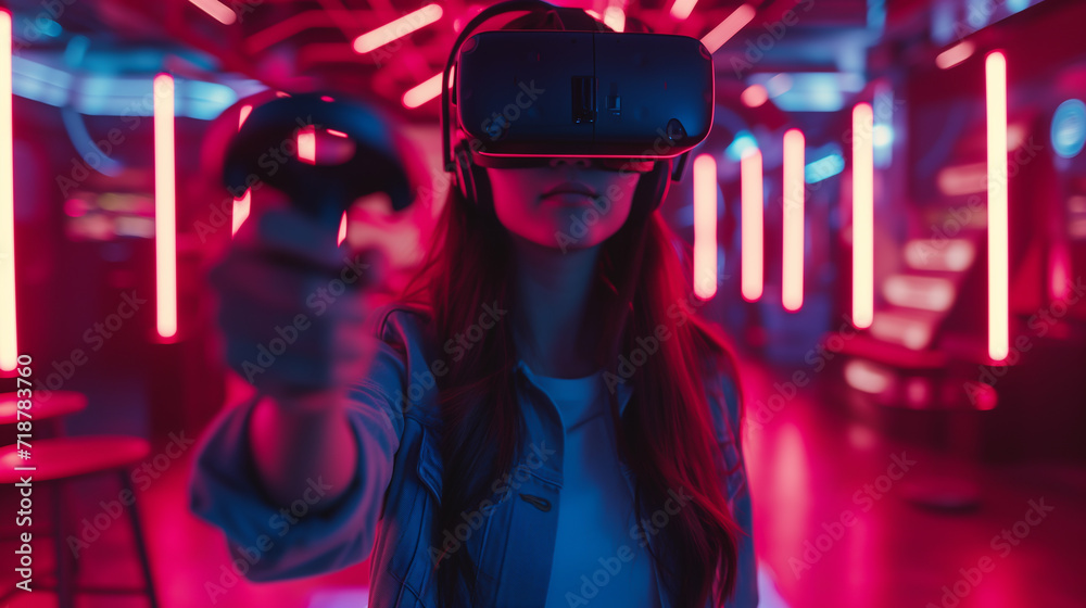 Person playing VR game in a technological environment Person playing VR game in a technological environment
