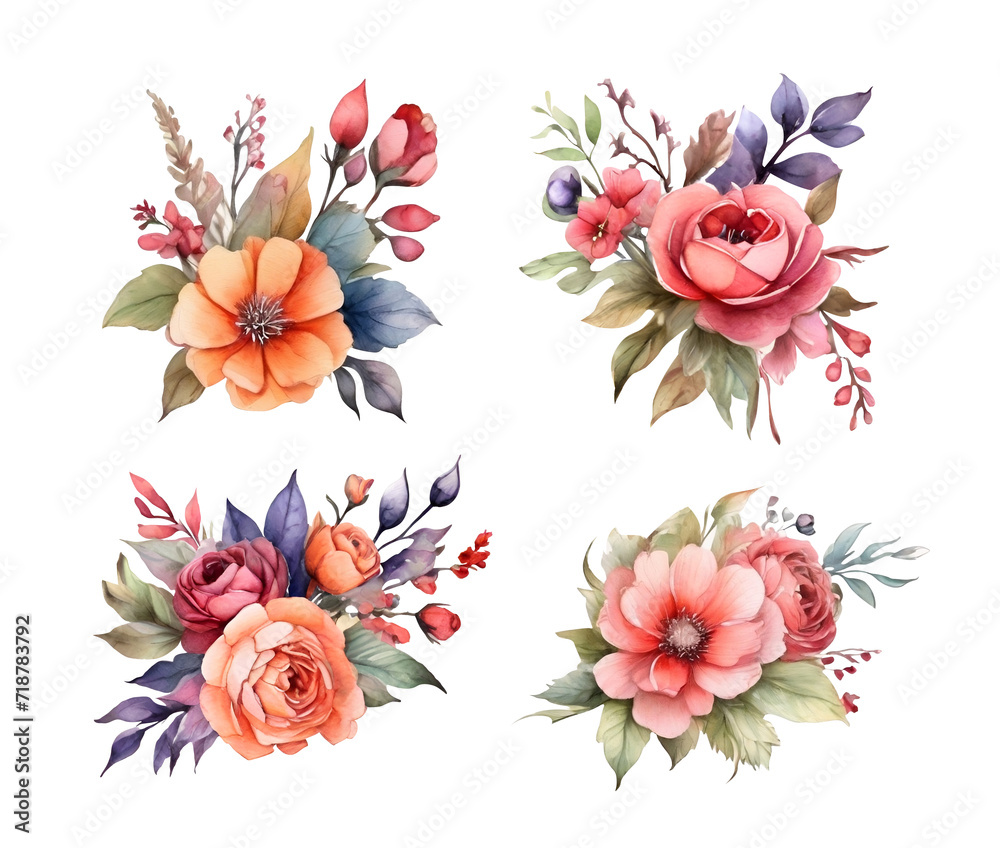 Set of flower bouquets watercolor style clipart. Decoration for posters, greeting cards, birthdays, and wedding designs. Isolated on a transparent background. Generative AI.