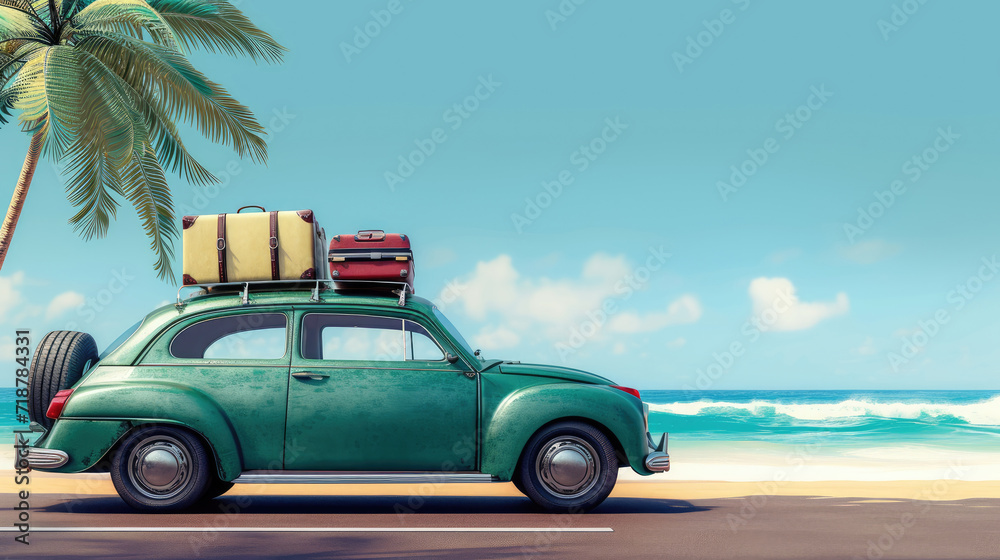 Green car with luggage ready for summer holidays, copy space