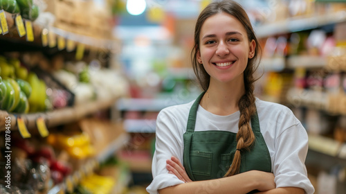 Saleswoman in green apron in grocery shop.  photo