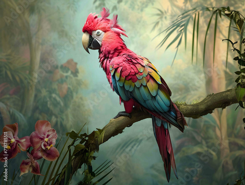 Colorful parrots. A vibrant image featuring a red and yellow macaw, showcasing its colorful feathers and beak in a natural, tropical setting