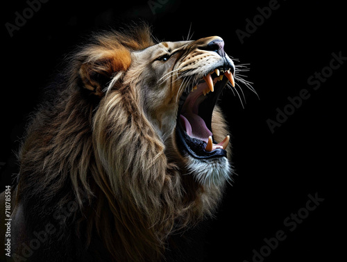Portrait of a Majestic lion head isolated on black background  showcasing the wild beauty of the king of the jungle with a powerful mane and a regal expression.