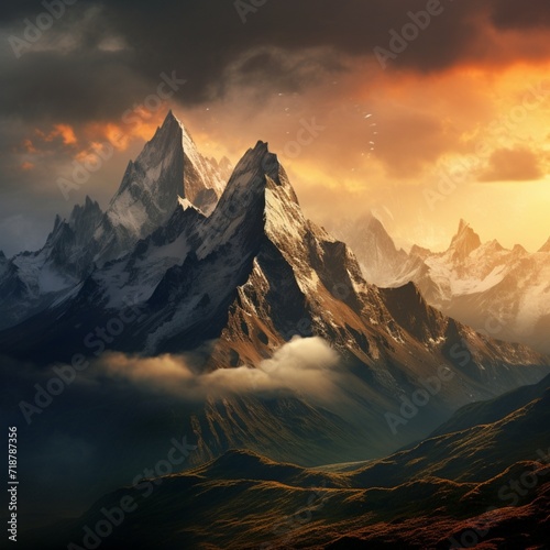 A rugged mountain range at sunrise, with the first light of day illuminating the peaks and casting shadows on the rolling clouds below.