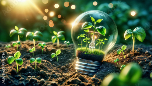 Green eco friendly lightbulb. Environmental Sustainability concept of Renewable Energy and Sustainable Living, created, Green energy and Earth Day. Generative AI  photo