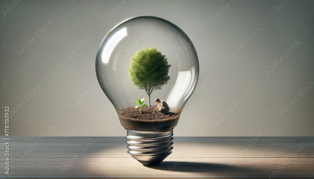 Green eco friendly lightbulb. Environmental Sustainability concept of Renewable Energy and Sustainable Living, created, Green energy and Earth Day. Generative AI Green eco friendly lightbulb. Environmental Sustainability concept of Renewable Energy and Sustainable Living, created, Green energy and Earth Day. Generative AI