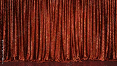 Realistic 3D animation of the luxurious textured red curtain with traditional Chinese golden ornament and red wood flooring rendered in UHD with alpha matte