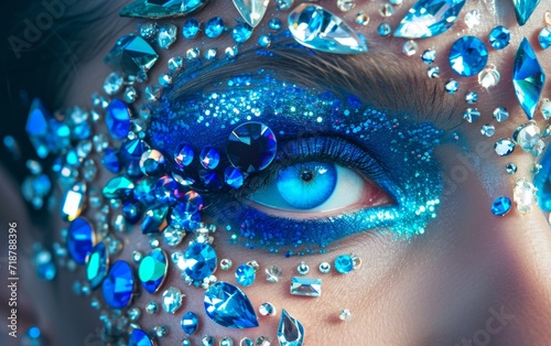 face gems and crystals in shades of blue, arranged to create a dazzling, sea-inspired facial decoration
