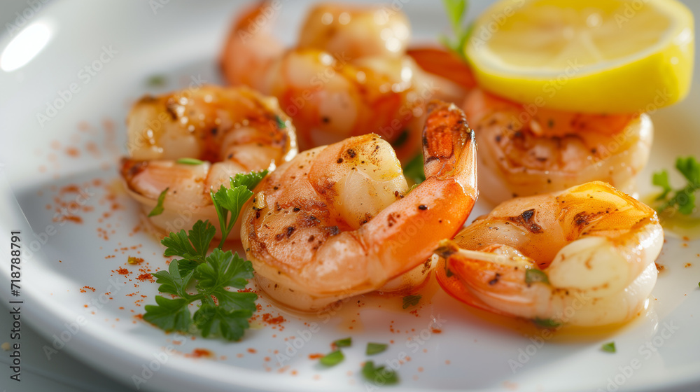 Fresh shrimp on a white plate with a fresh lemon slice, cooked shrimps, prawns, and seafood spicy chili sauce with coriander. Cooking shrimp salad with lemon and lime. Close-up banner with copy space. Fresh shrimp on a white plate with a fresh lemon slice, cooked shrimps, prawns, and seafood spicy chili sauce with coriander. Cooking shrimp salad with lemon and lime. Close-up banner with copy space.