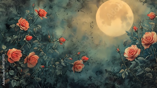 vintage background with red roses in full moon night