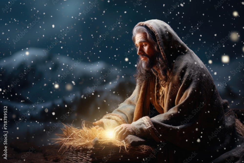 Nativity Scene: Jesus Birth in Snowy Night Nativity Scene: Jesus Birth in Snowy Night