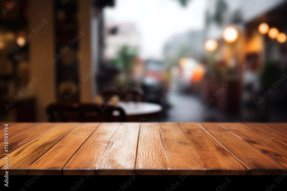 Close-up plane of the table, city street is blurred in the background Close-up plane of the table, city street is blurred in the background