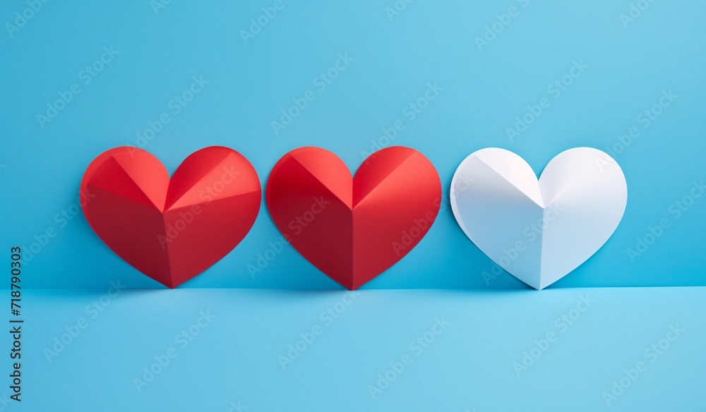 three red heart paper models against a blue background