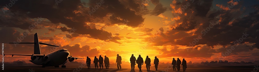 The warm glow of sunset envelops a military aircraft parked at the airport, depicting a scene of dusk preparation...