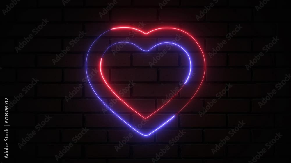 Red and blue color neon heart shape Valentine's Day love card. Glowing neon hearts sign, outline card suit symbol and silhouette