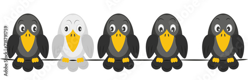 One white crow among all black crows. Other, outsider, individual. Different thinking. Vector illustration.