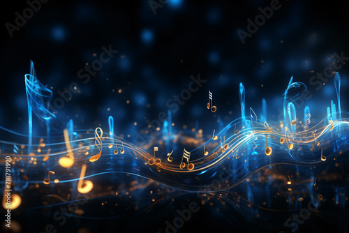 Blue Music Notes, Glowing Neon on a Dark Background photo