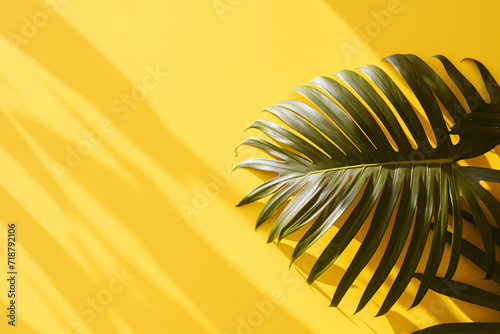 Sunlight Tropical Leaves, Vibrant Leaf Shadow on a Yellow Background