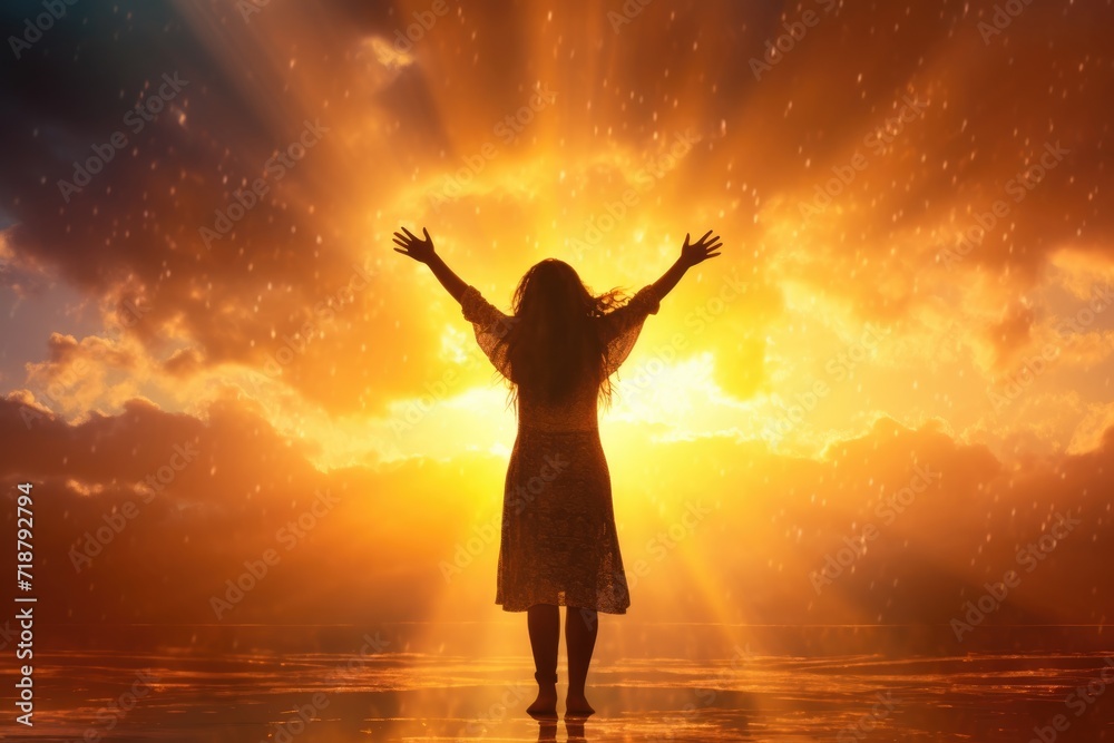 Fototapeta premium Woman worshiping against sunset backdrop.
