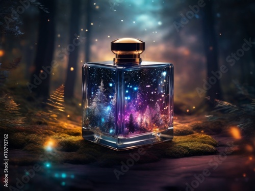 A World Within a Bottle: A Hyperrealistic Miniature Forest.surreal bottle with a forest scent. magical home spa care