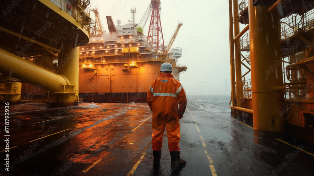 16:9 or 9:16 Engineers are working on an oil rig or natural gas rig at sea in extreme weather conditions.