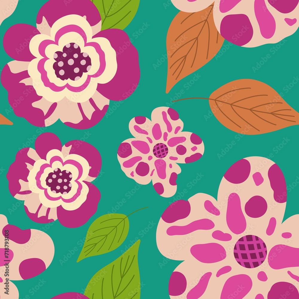 seamless floral pattern spring flowers pattern set. simple hand drawn style. pretty bright pink, green, colors. folk motif, boundless decor. background for covers, wallpapers, gift wrap