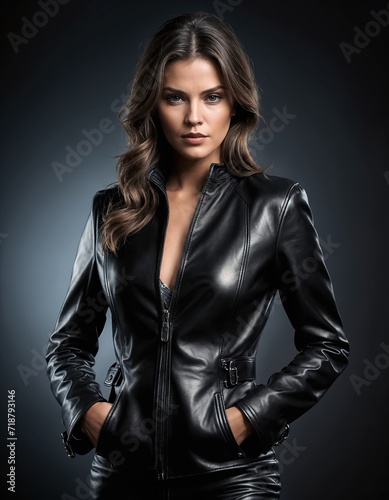 A woman with hands in pockets, wearing a black leather jacket and pants, standing in front of a dark background.