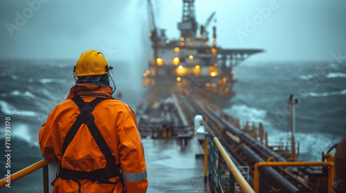 16:9 or 9:16 Engineers are working on an oil rig or natural gas rig at sea in extreme weather conditions.