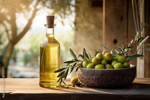 Bottle with virgin olive oil and olive fruit close up