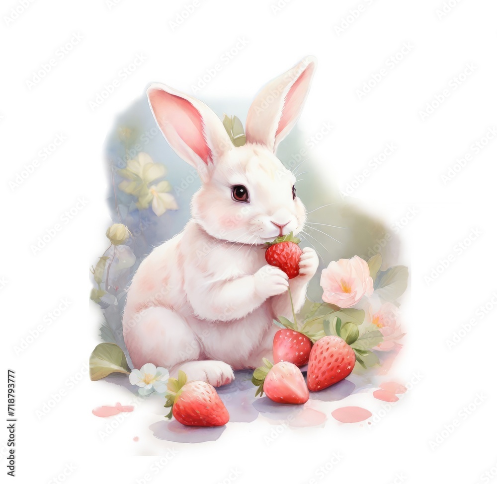 Watercolor a cute kawaii Rabbit eating strawberries