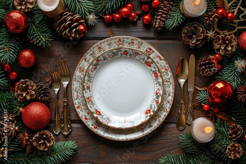 Dinner table setting frame with Christmas banner. Generative Ai.