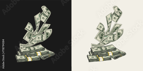Money composition with flying away 100 dollar banknotes from stacks dollar bills. Pile of cash money. Design element in vintage style.