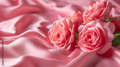 sweet pink roses on pink fabric background