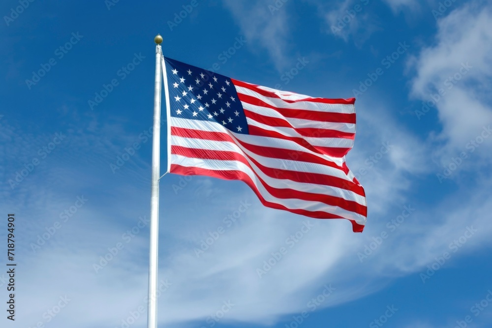 American flag proudly waves in clear sky, evoking national pride and freedom.