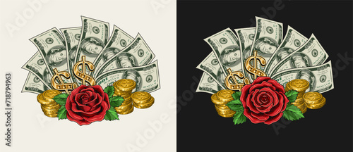 Composition with US 100 dollar bills fan, stacks of gold coins, dollar sign, red rose. Cash money. Concept of success and luck. Illustration on black, white background.