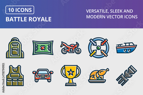 Battle Royale Thick Line Filled Dark Colors Icons Set