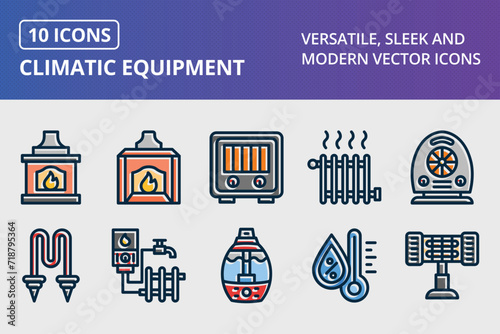Climatic Equipment Thick Line Filled Dark Colors Icons Set
