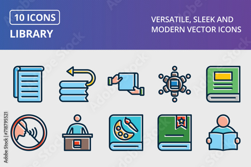 Library Thick Line Filled Dark Colors Icons Set