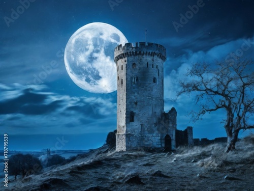 Medeval tower under a blue Moon in ruin schattered landscape photo